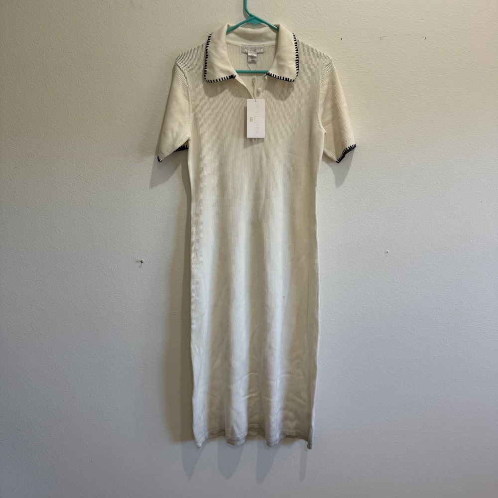 Caroline Constas White Ribbed Knit Polo Midi Dress Navy Whipstitch Large NWT